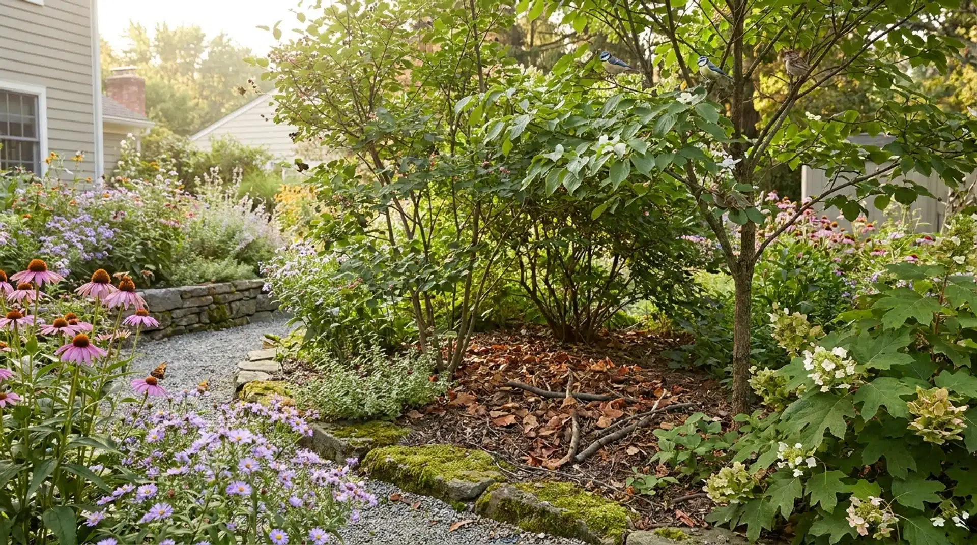 Sustainable garden with native plants, flowers, bees, butterflies, birds, and beneficial insects