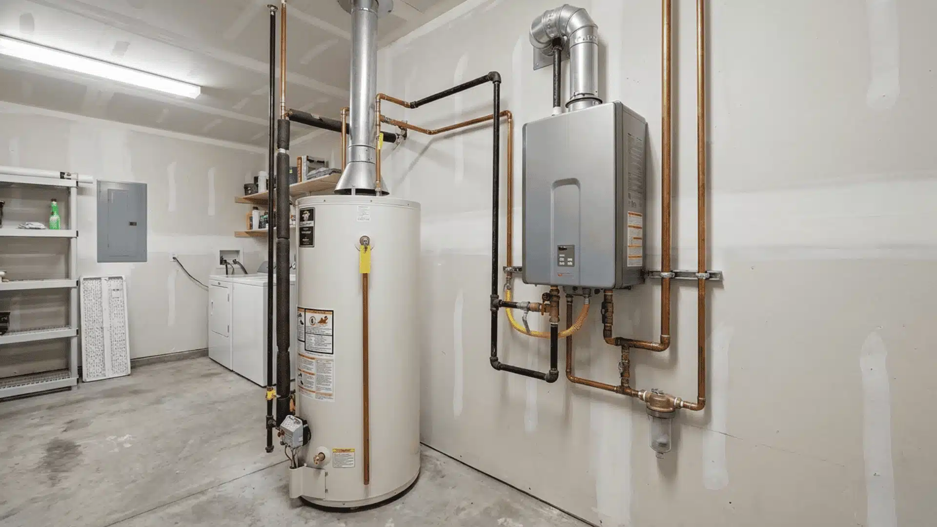 Tank-style water heater beside a wall-mounted tankless water heater in a residential utility room