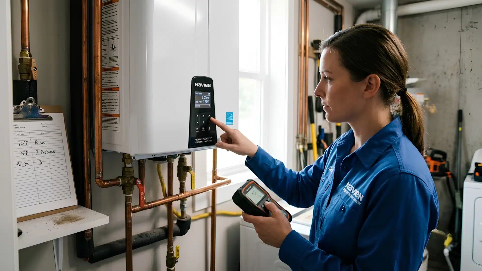 A technician inspecting and adjusting settings on a Navien tankless water heater.