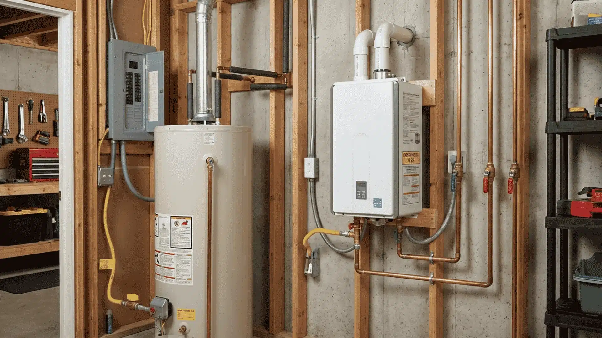 Tank and tankless water heaters with gas, electrical, and plumbing connections visible