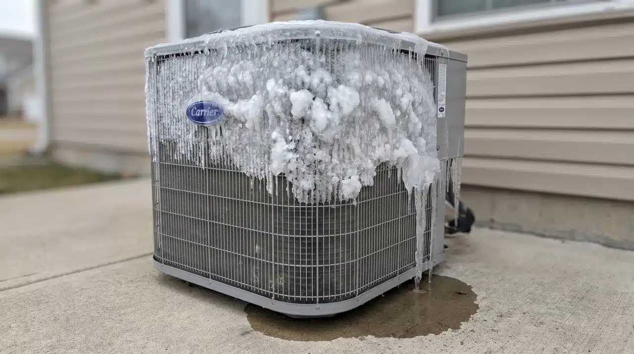 An outdoor heat pump unit heavily covered in ice and frost, indicating it needs maintenance or repair.