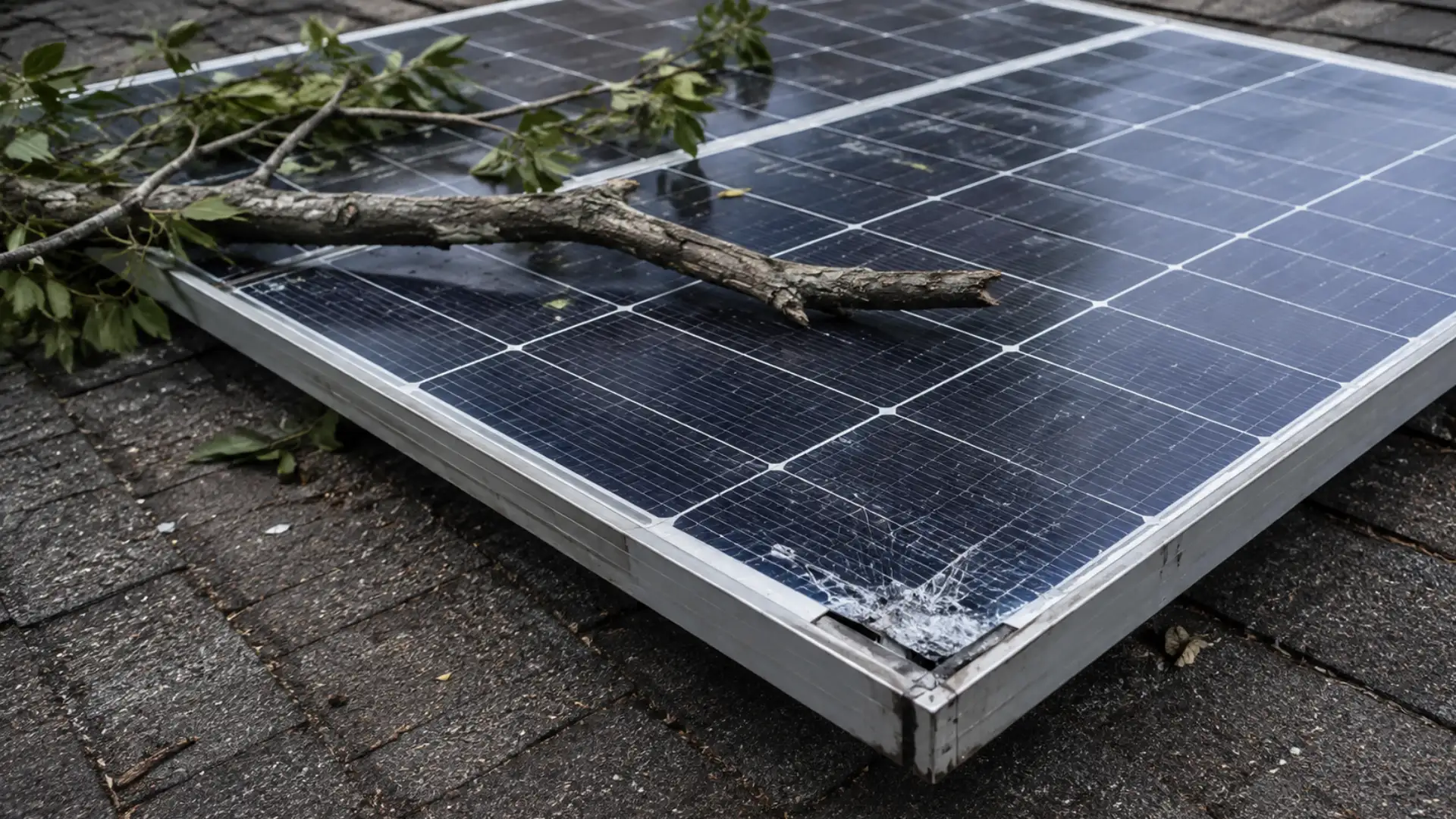 Cracked solar panel with a fallen tree branch resting across its glass surface outdoors