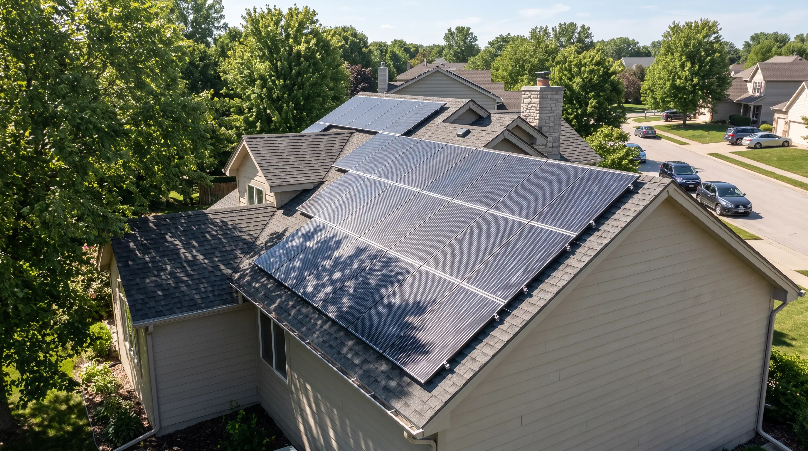 Rooftop solar panels receiving different levels of sunlight and tree shade