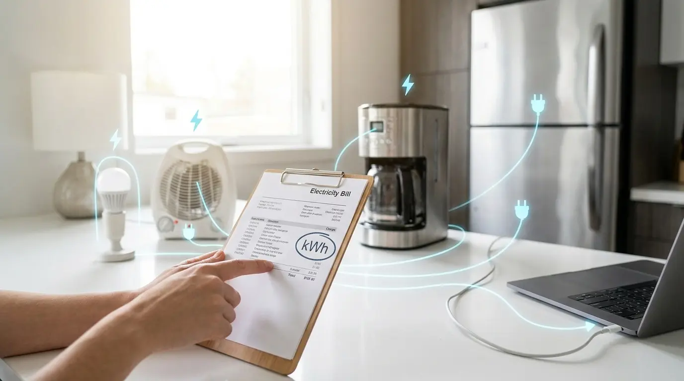 Homeowner reviewing an electricity bill with household appliances to understand kilowatt-hour (kWh) energy usage.