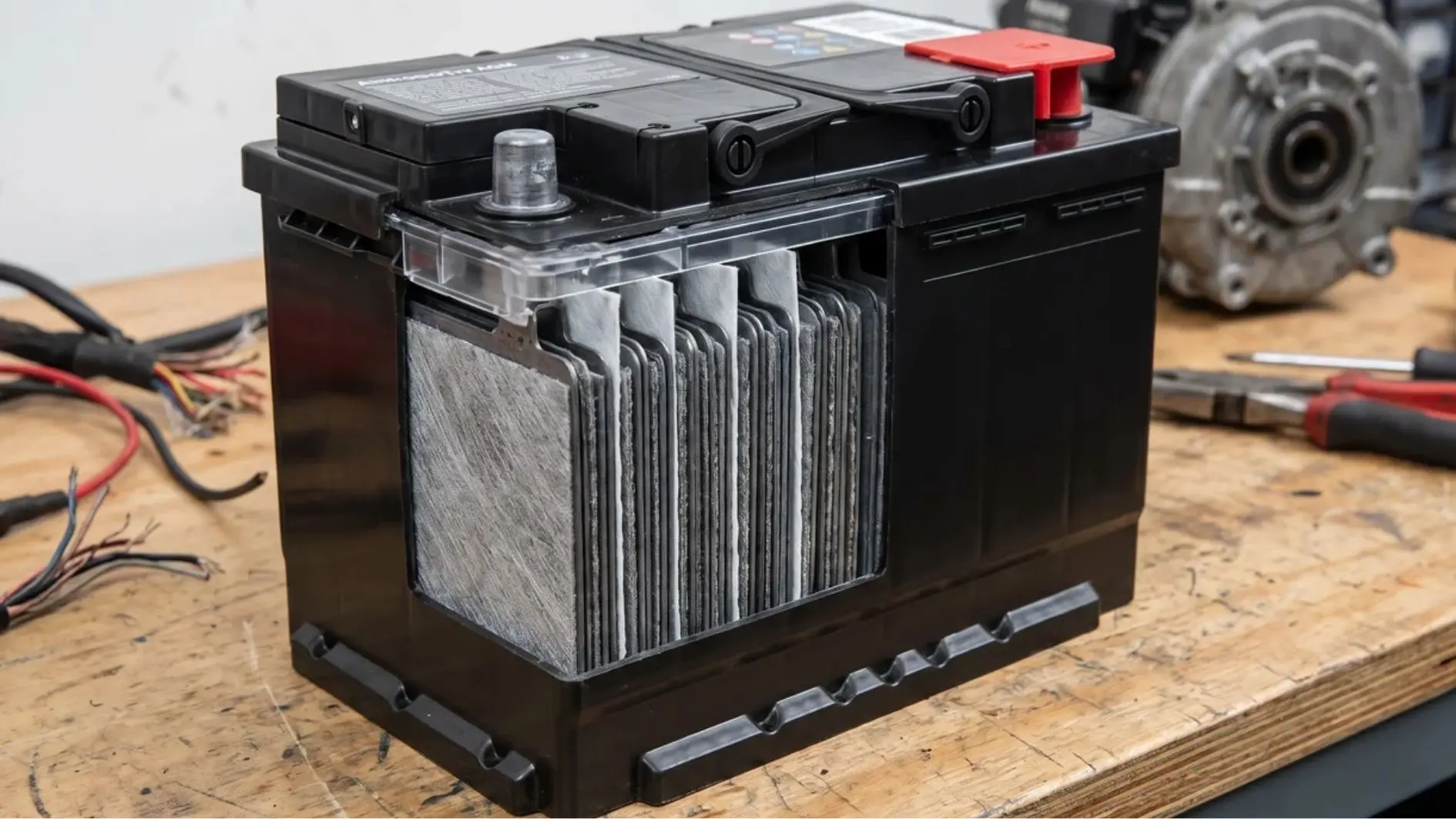 AGM battery with visible fiberglass mat, lead plates, and sealed casing
