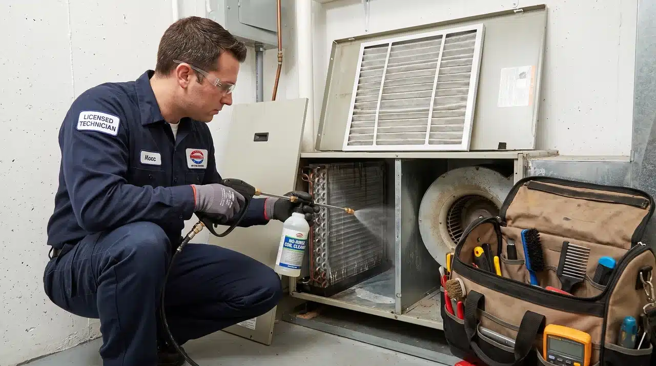HVAC technician in navy uniform spraying no-rinse coil cleaner inside an open residential air handler unit in a bright utility room.