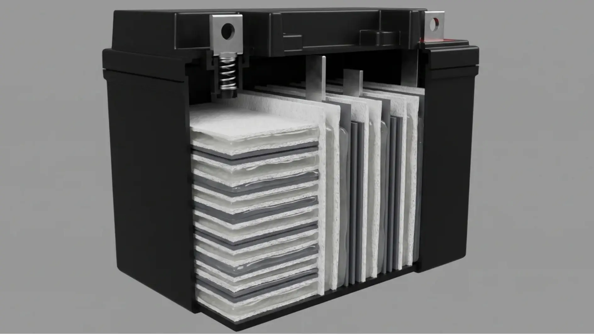 Cutaway AGM battery showing fiberglass mat, lead plates, and pressure valve components