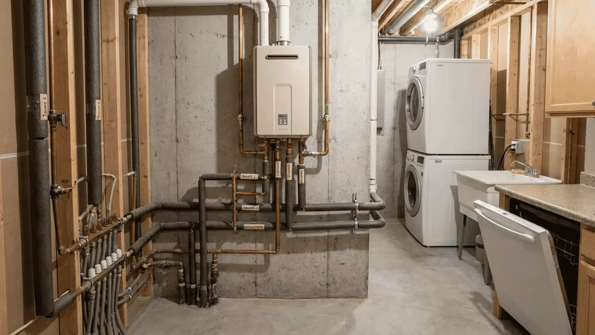 Wall-mounted tankless water heater connected to two showers, a dishwasher, and a washing machine through household plumbing