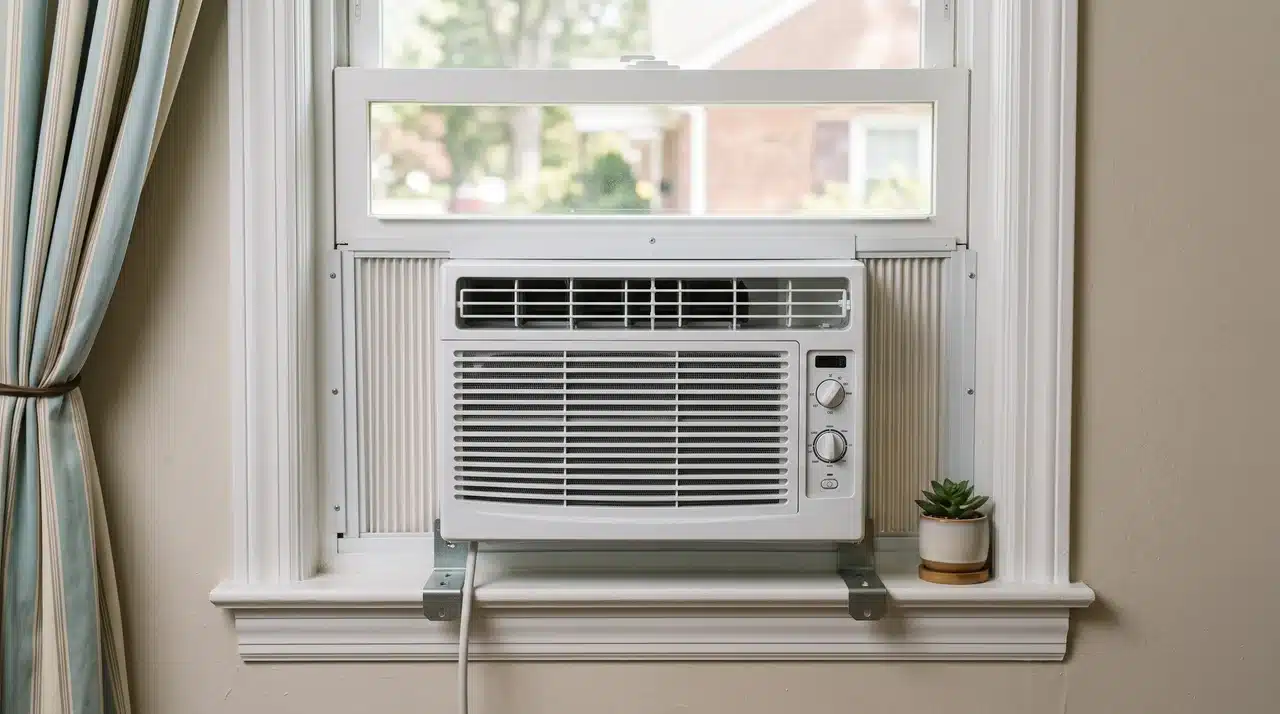 White window air conditioner installed in a home window frame