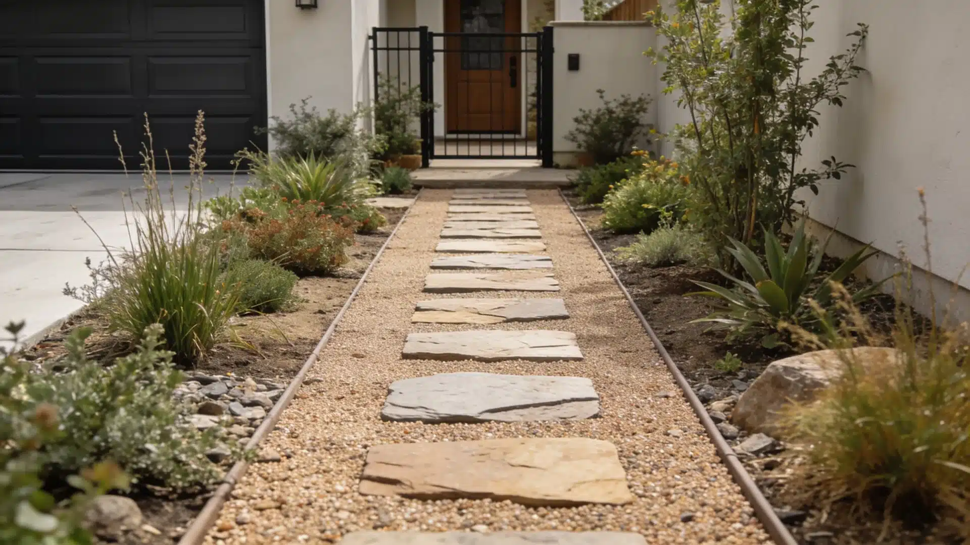 Xeriscape path running between drought-tolerant planting beds through a small yard