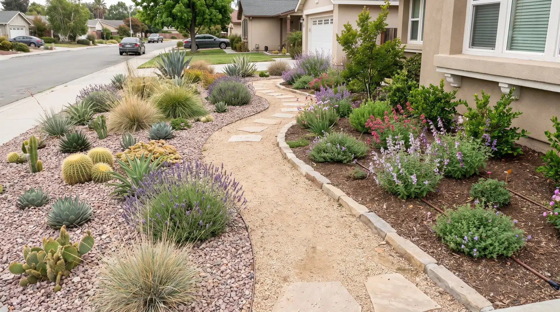 Xeriscape yard with plants grouped into separate watering zones based on moisture needs