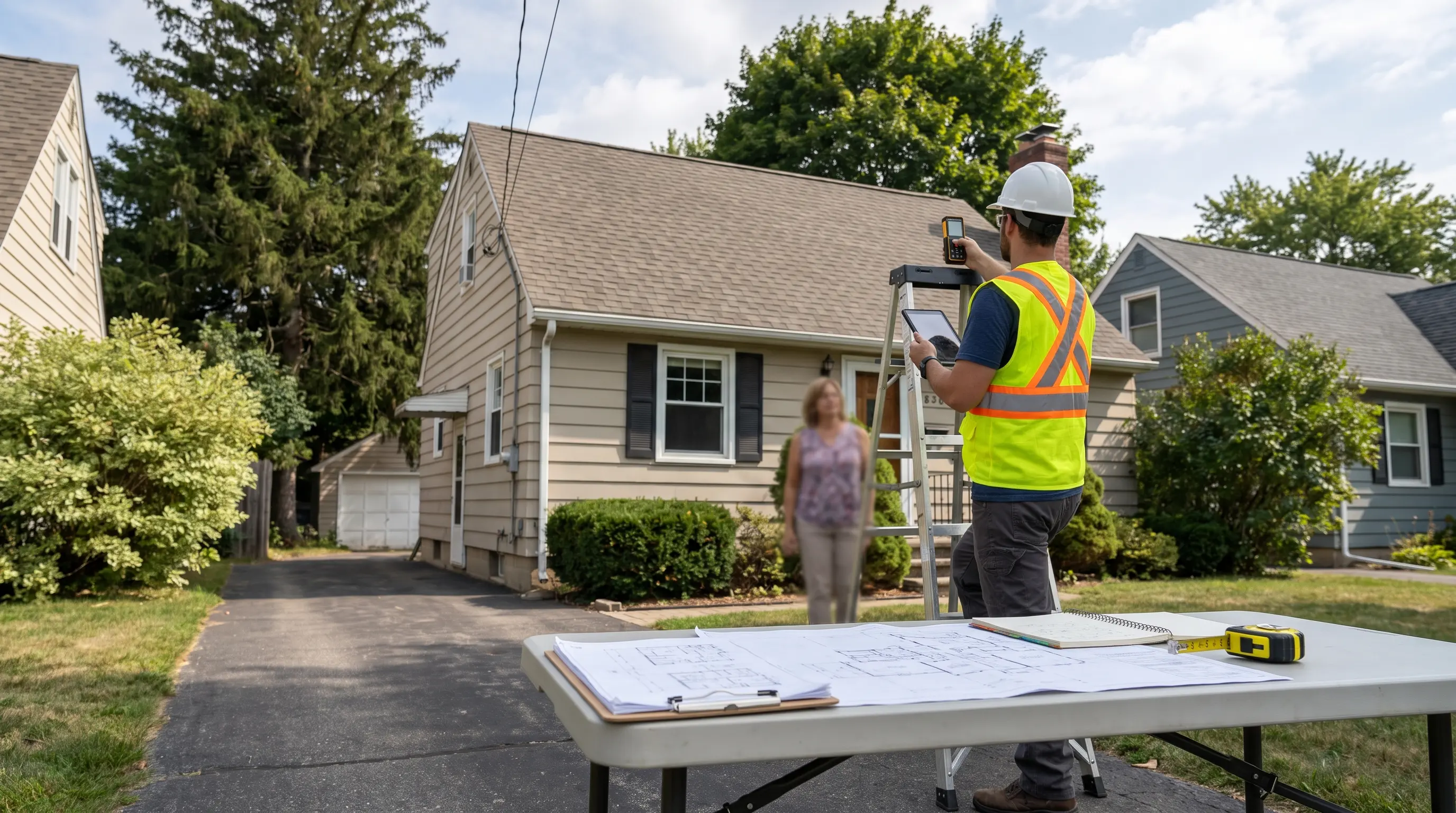 Solar installer assessing a home’s roof, usable space, direction, slope, and surrounding shade