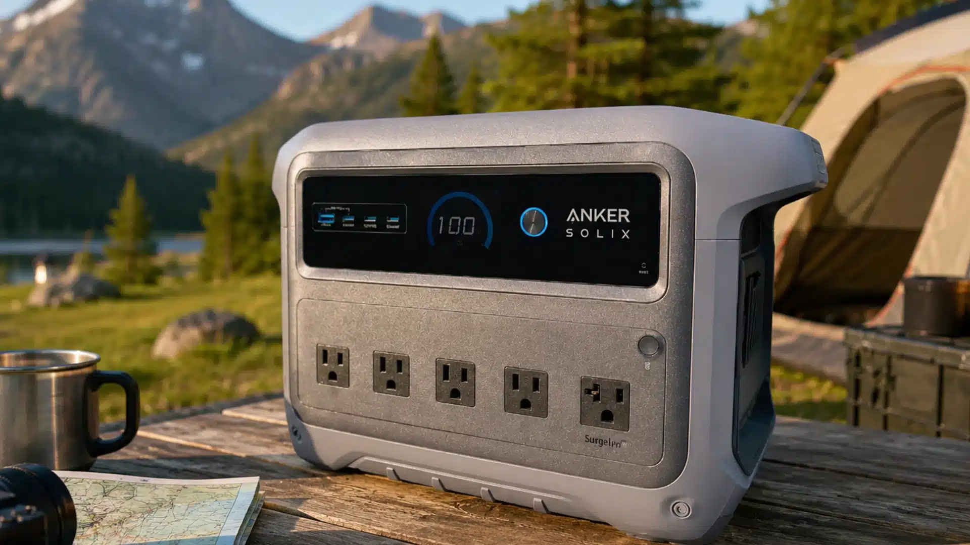 Anker SOLIX portable power station at a mountain campsite beside a lake and tent