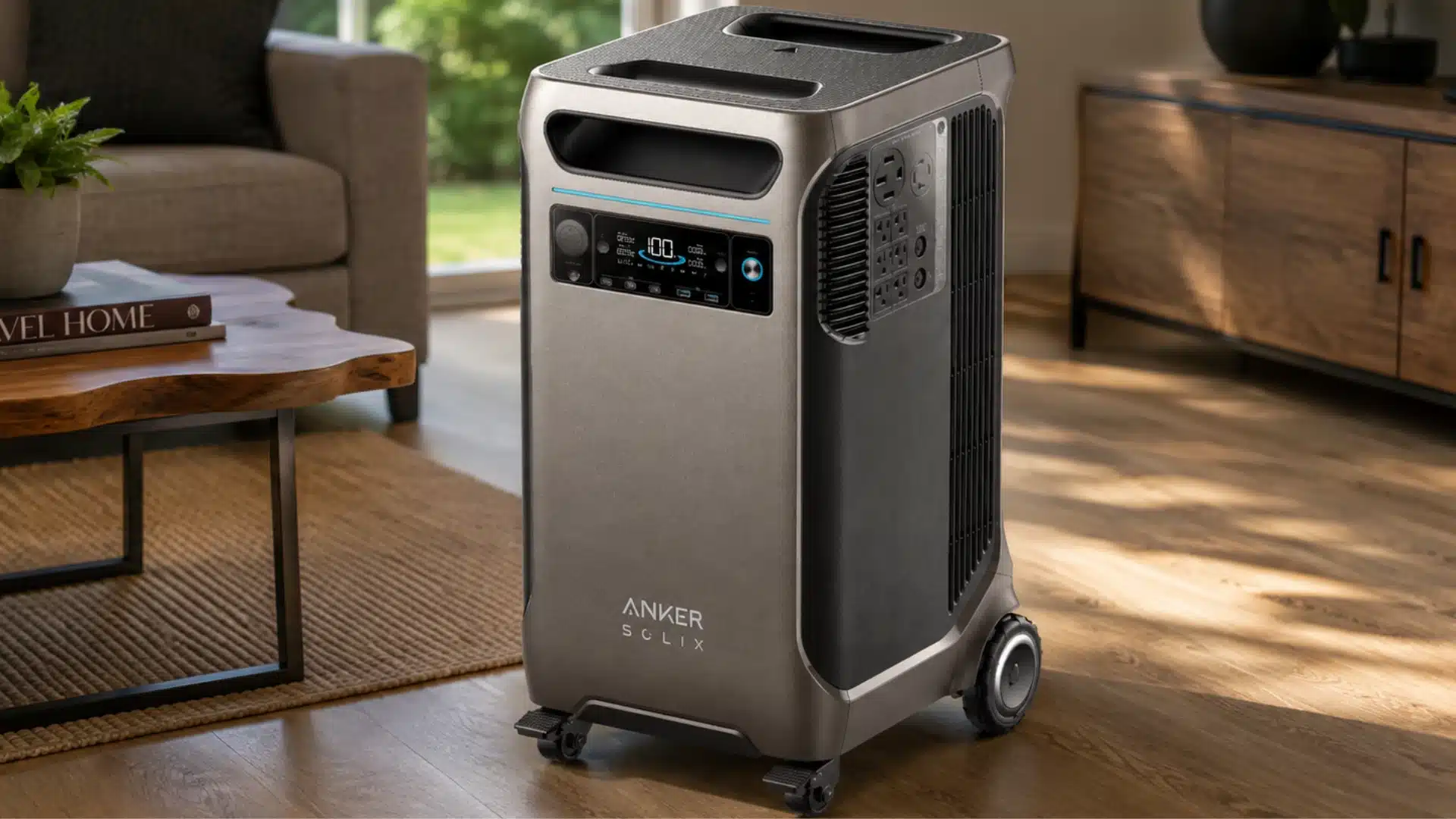 Anker SOLIX F3800 power station displayed in a bright modern living room interior