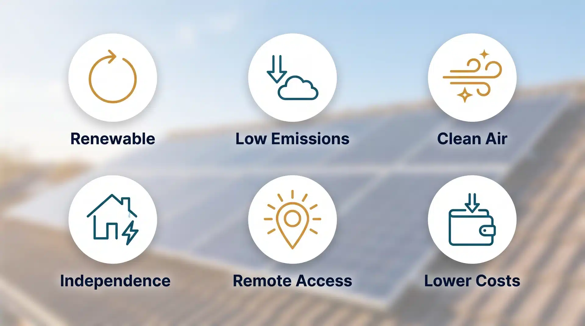 Solar panels infographic featuring icons for renewable energy, low emissions, and lower costs.