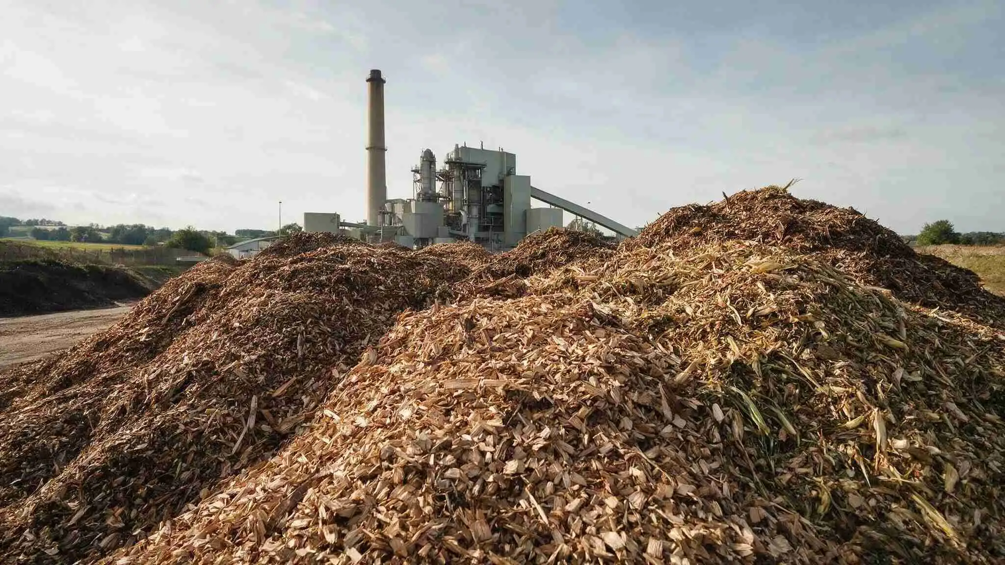 Large piles of wood chips outside a biomass energy plant with a smokestack under a clear sky