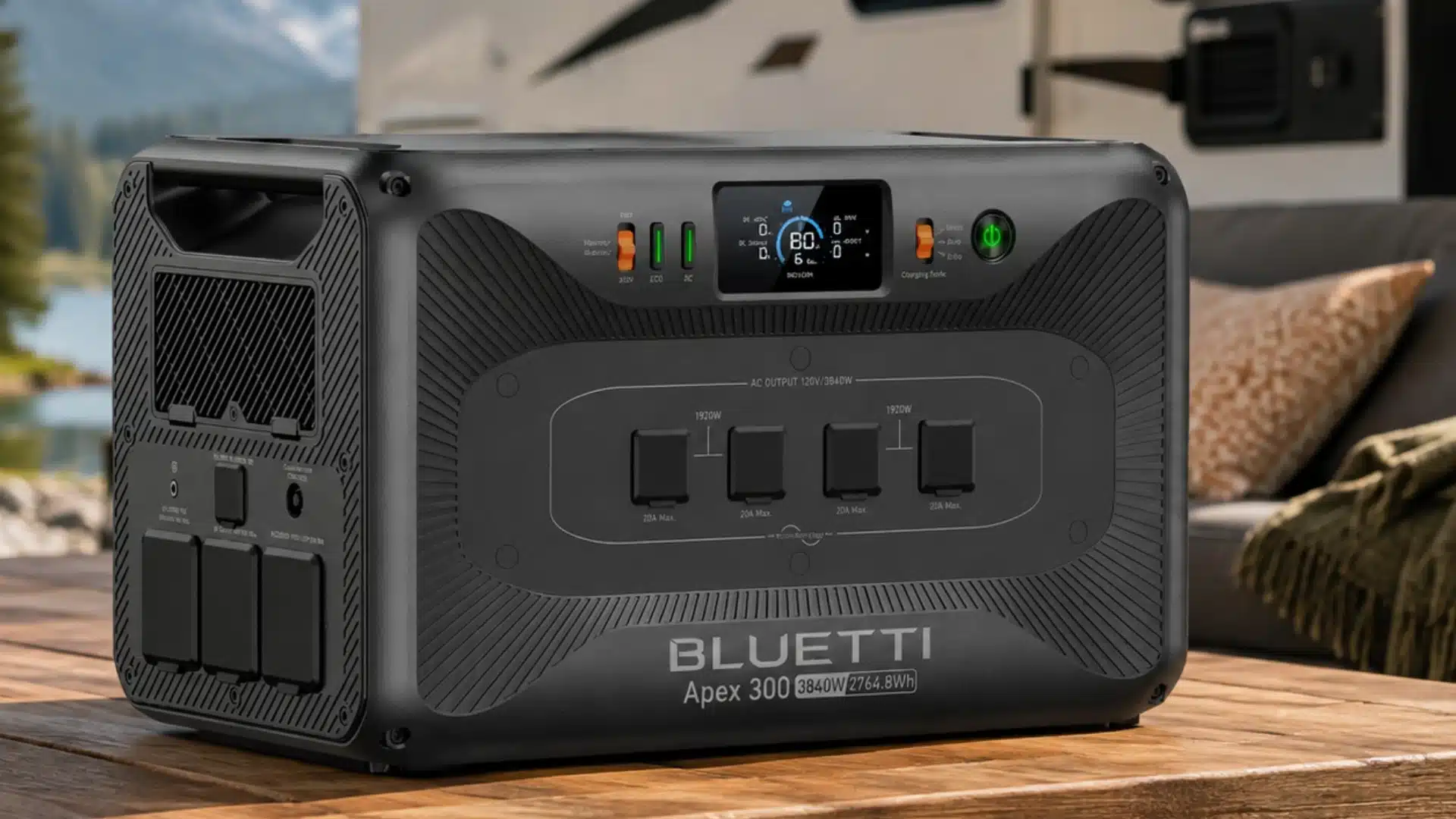 BLUETTI Apex 300 power station displayed on a wooden table beside a mountain lake and RV