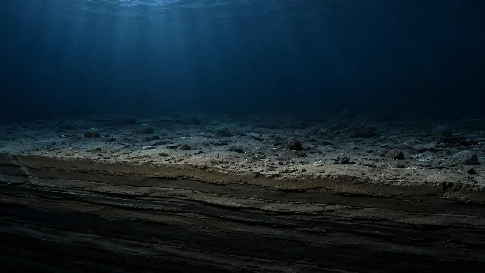 Ancient seabed layers showing buried organic material forming the early stages of petroleum creation