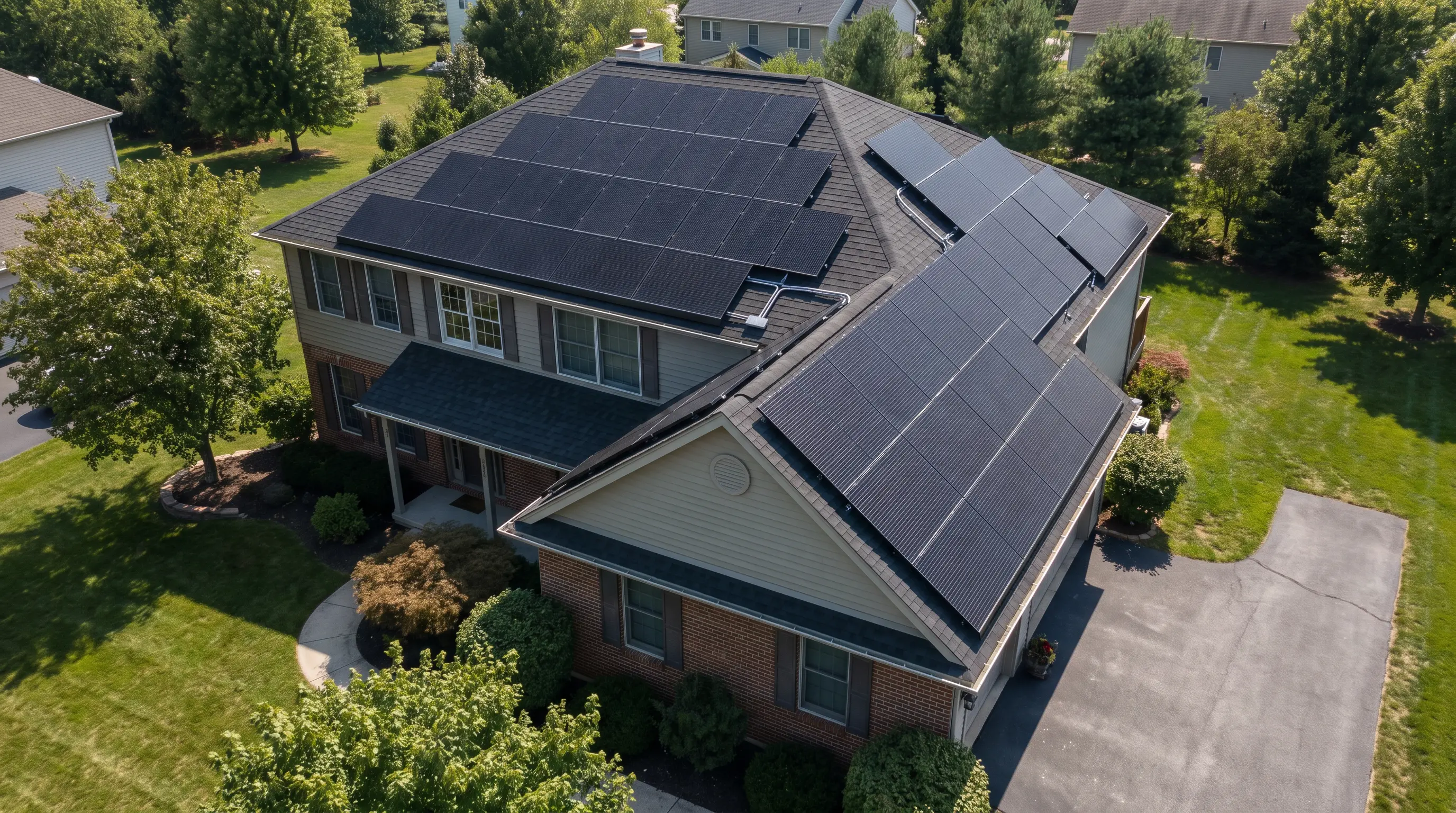 Large residential roof fitted with an extensive array of practical black solar panels.