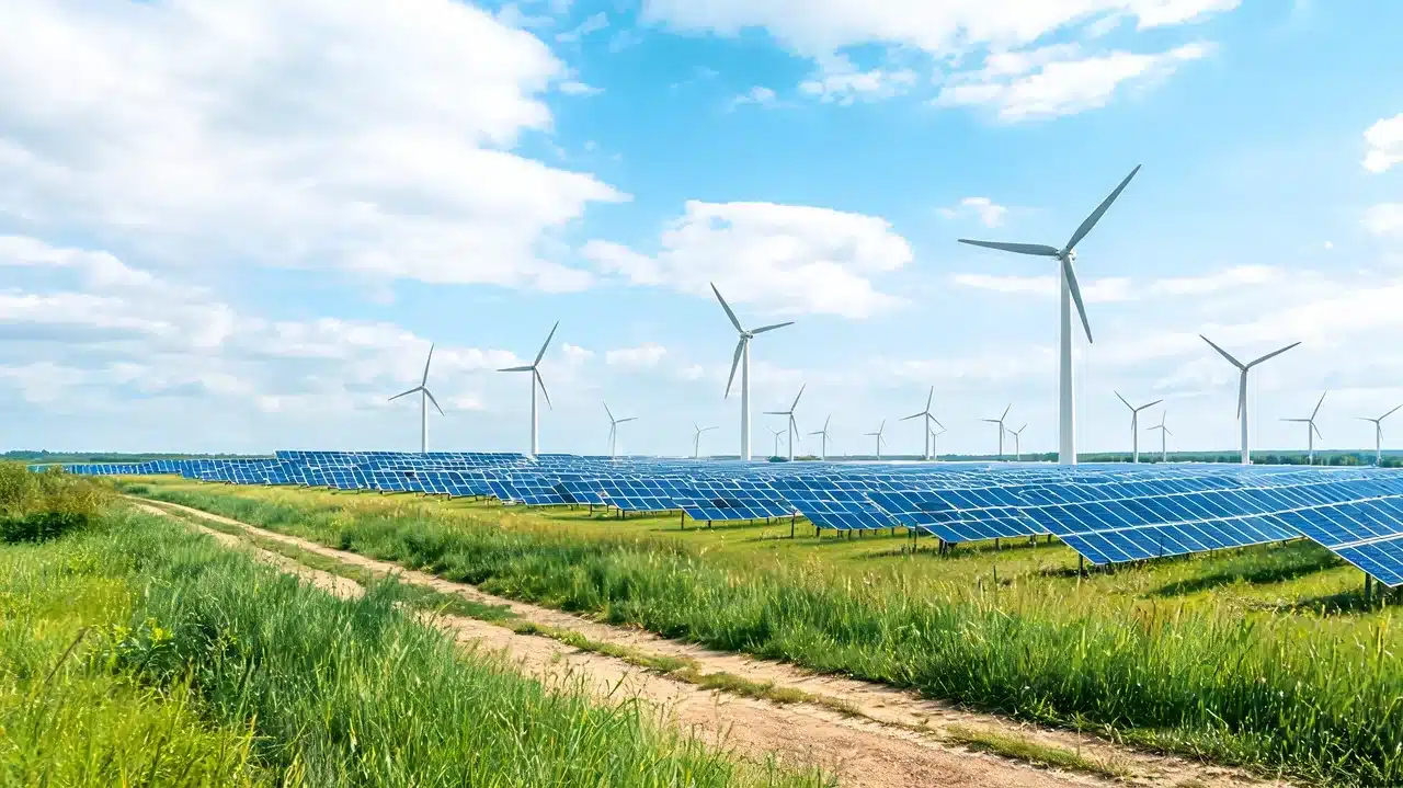 Wind turbines and rows of solar panels standing together in a green field under a partly cloudy blue sky