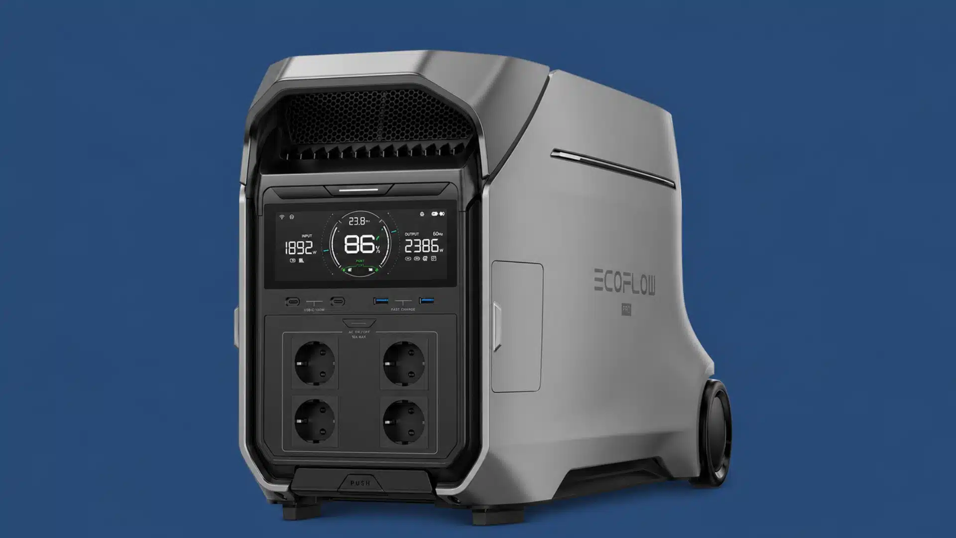 EcoFlow DELTA Pro 3 power station displayed outdoors on a wooden deck near a modern home