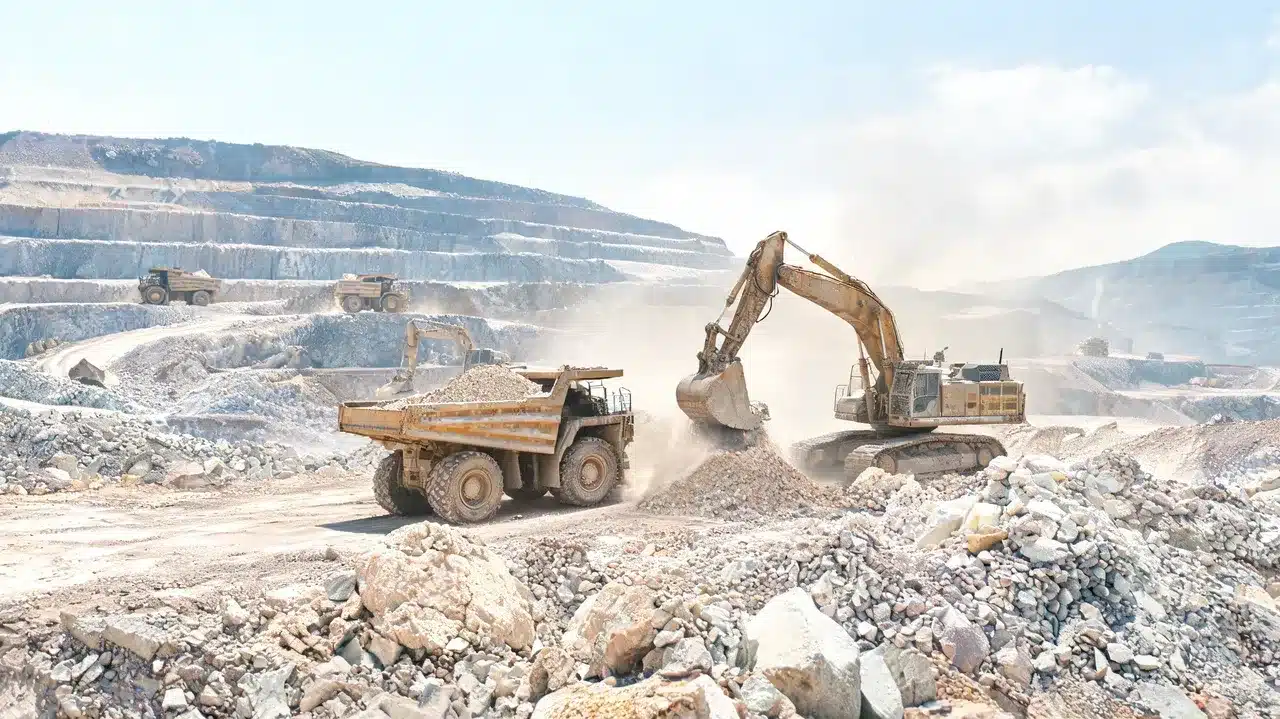 Heavy mining trucks and an excavator loading rocky material at a large dusty open pit mining site nearby