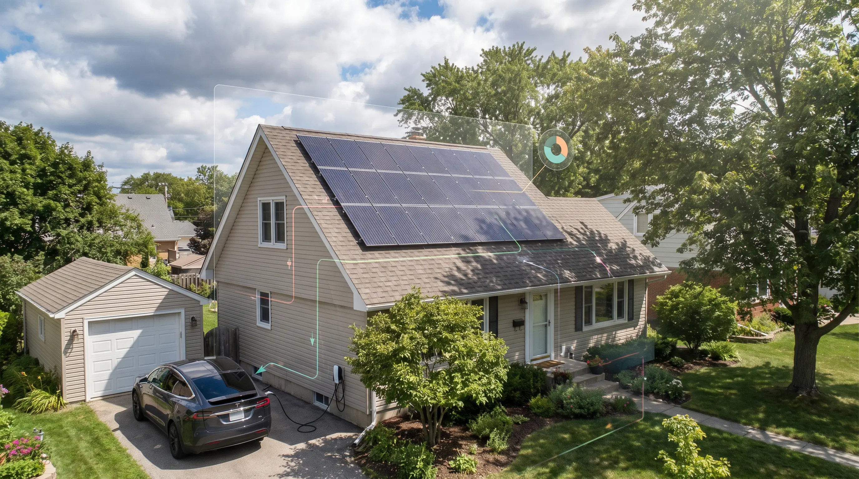 Home solar array with an electric vehicle, roof angle, tree shade, and changing sunlight conditions