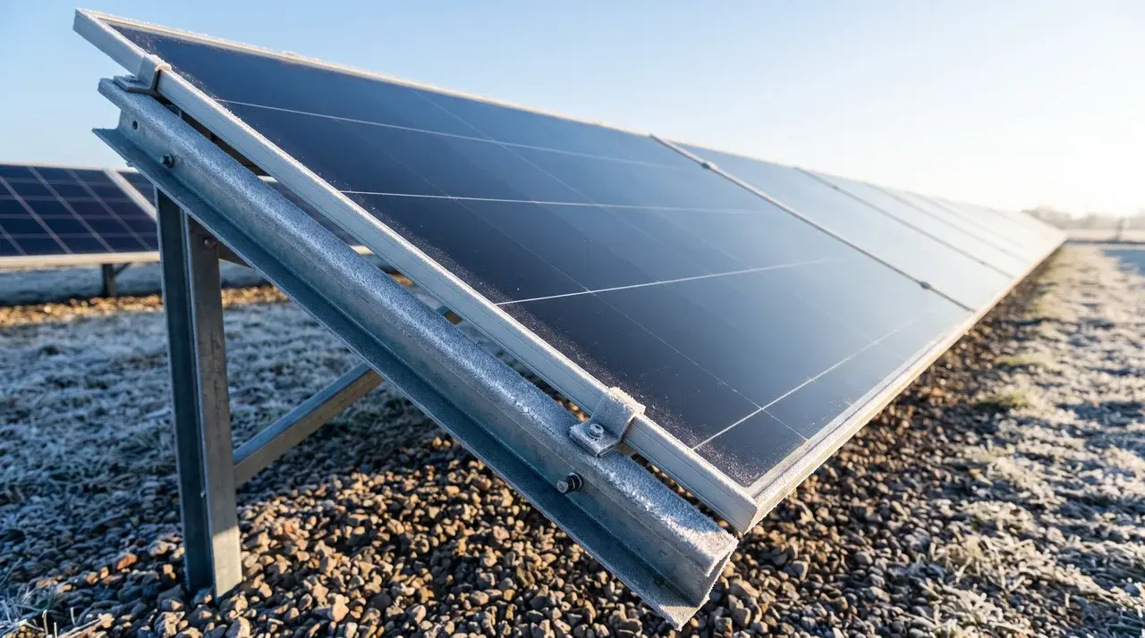 Solar panel with frost on the frame and clear glass surface under bright sunlight