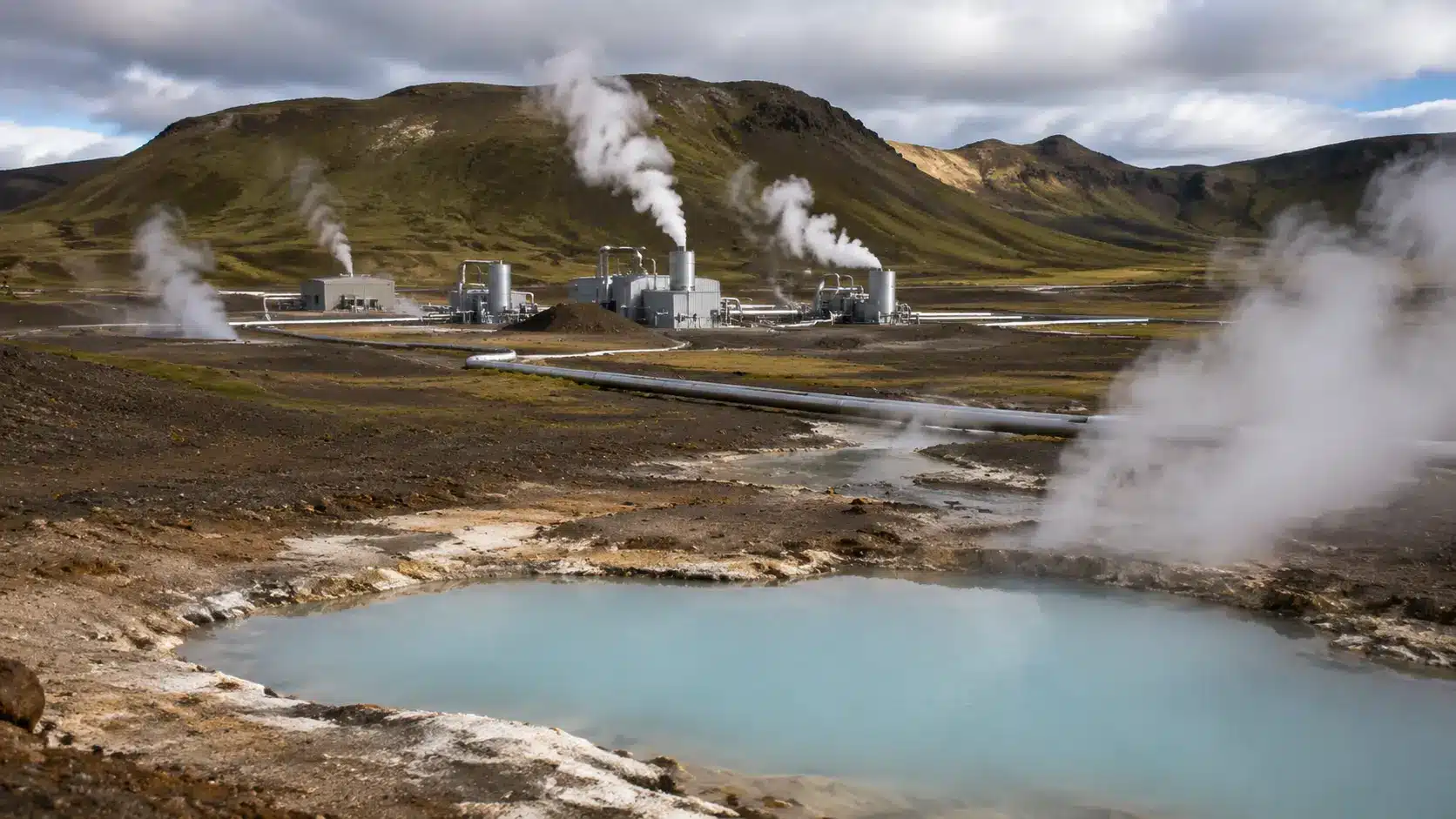 Geothermal power plant emitting steam near a blue thermal pool surrounded by green hills