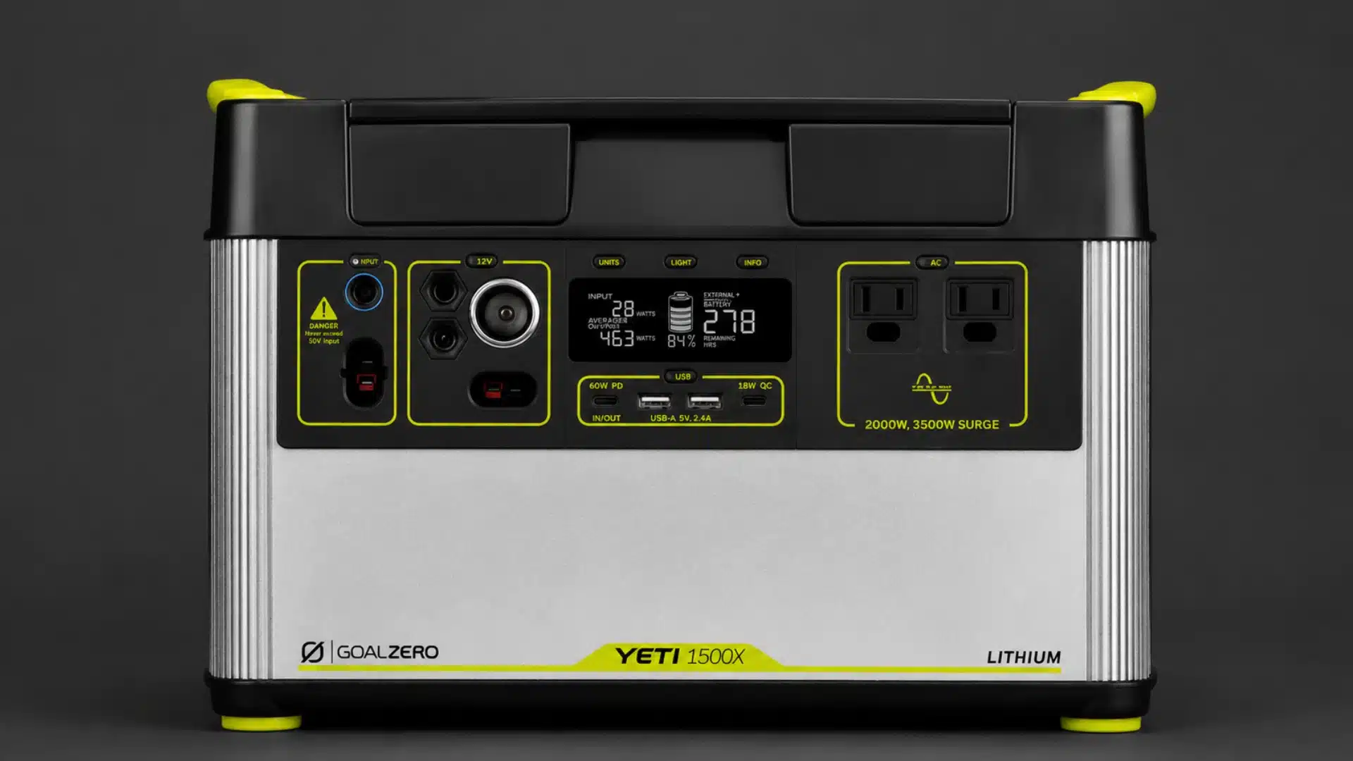 Goal Zero Yeti 1500X lithium power station displayed on a dark gray studio background