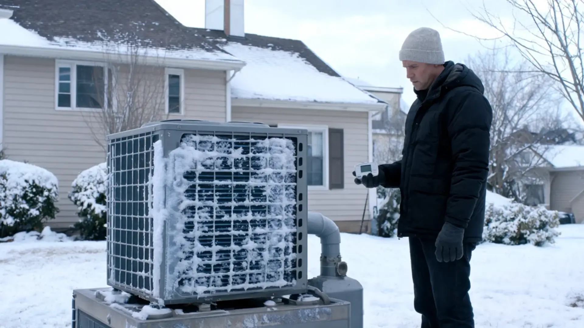 Homeowner checking a frozen heat pump outdoor unit with ice buildup during cold winter weather