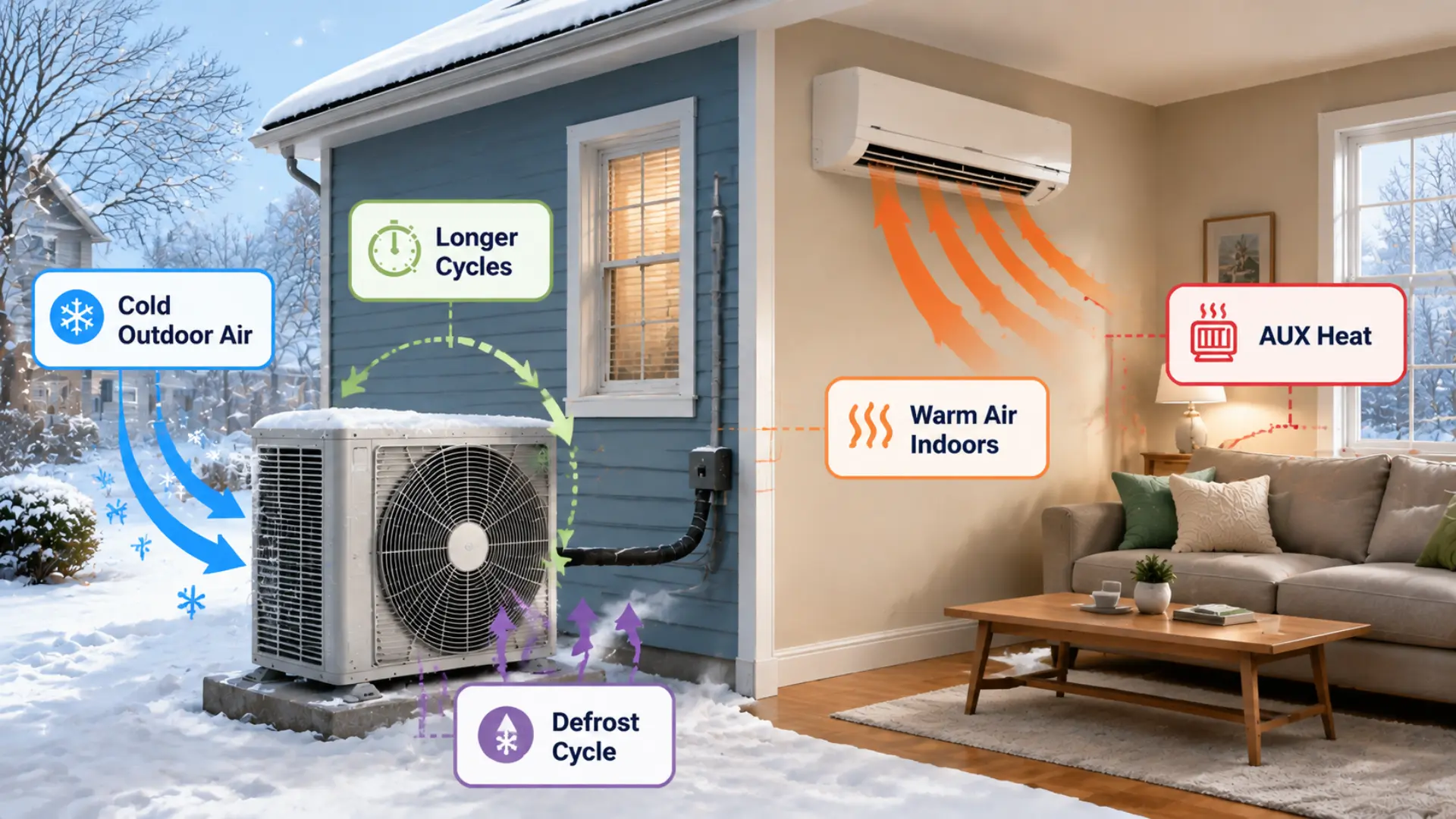 heat pump operating in cold weather with longer cycles defrost cycle and auxiliary heat support