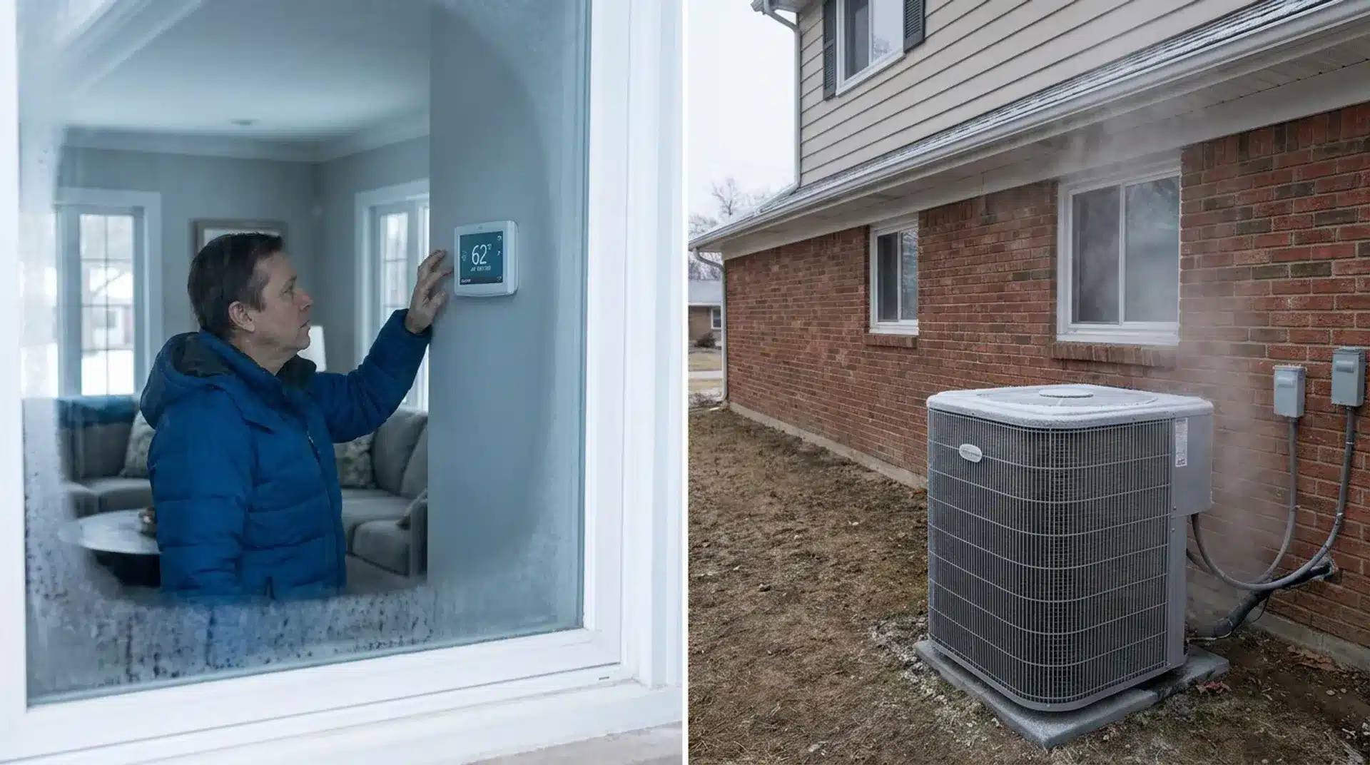 Homeowner checks thermostat while outdoor heat pump runs during cold winter weather