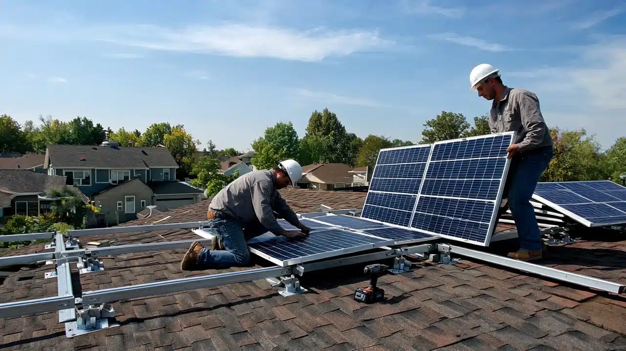 Two workers installing rows of solar panels on a residential rooftop on a clear sunny afternoon outdoors