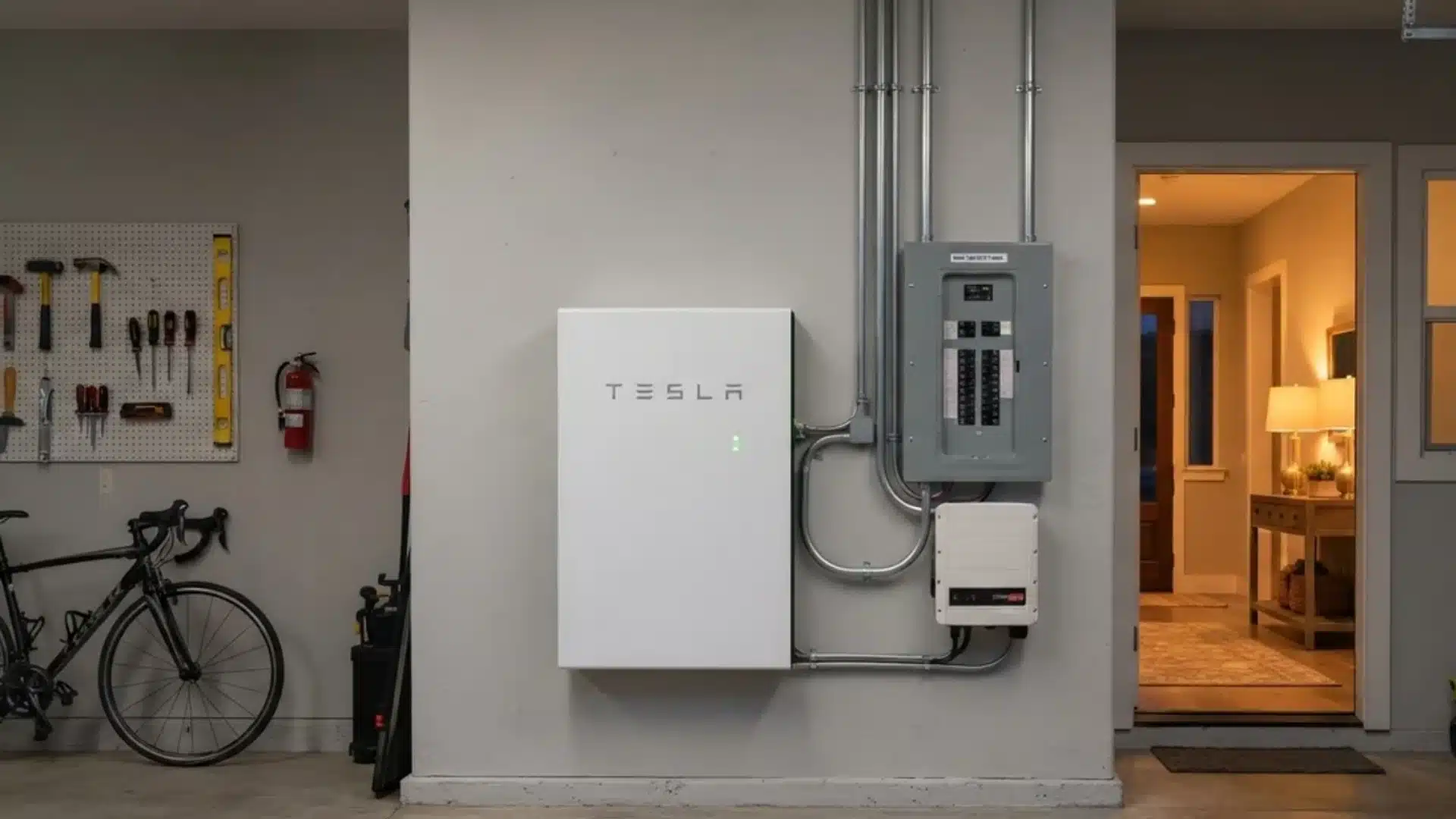 Home battery system in a garage powering lights and appliances during a blackout