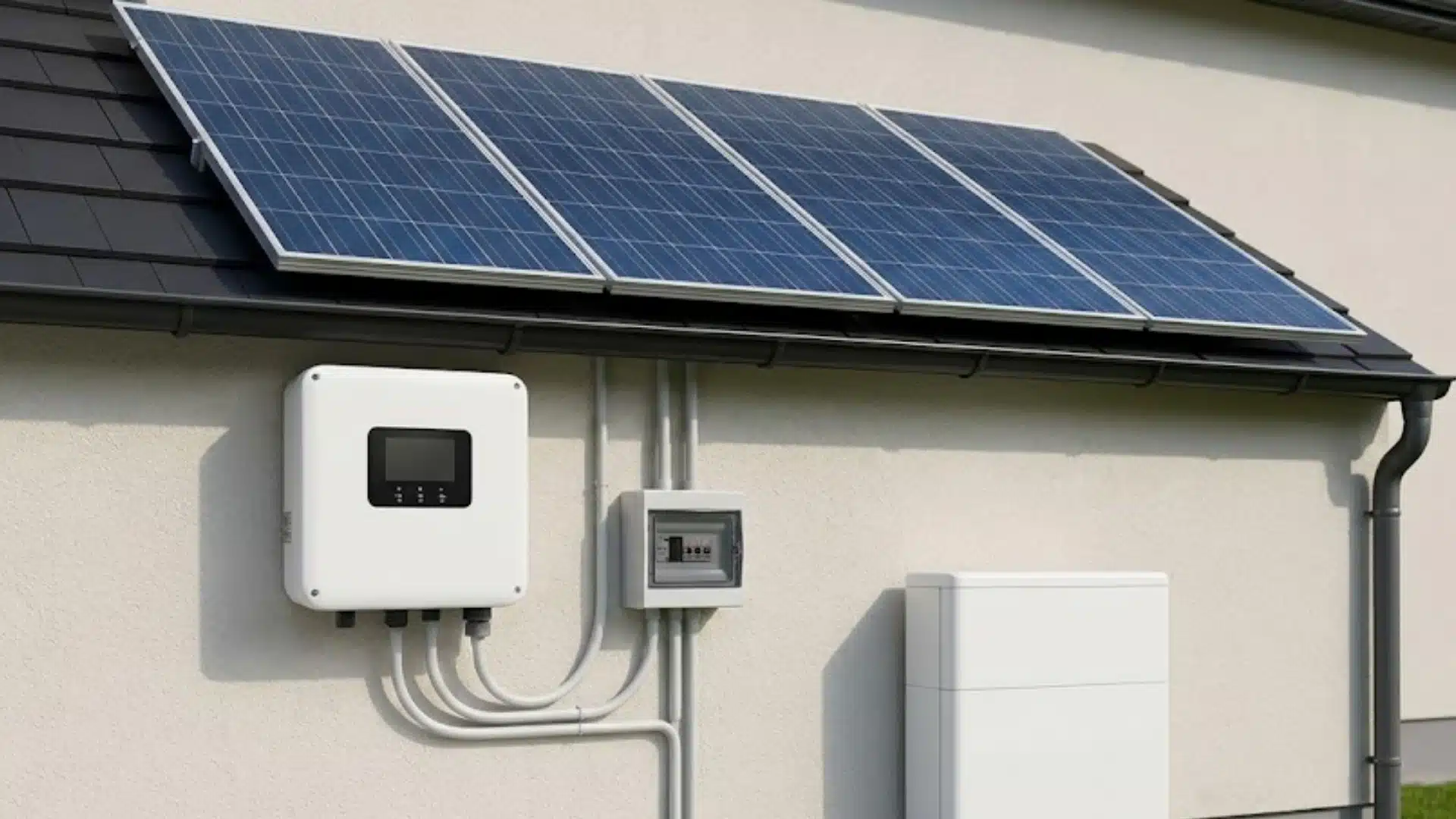 A residential rooftop solar panel installation with a wall-mounted battery backup