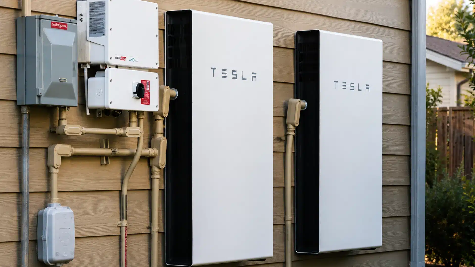 Two Tesla home batteries mounted beside electrical equipment on an exterior house wall