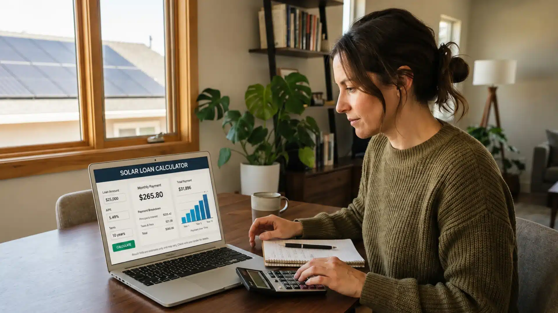 Homeowner reviewing solar loan calculator results on a laptop beside rooftop plans