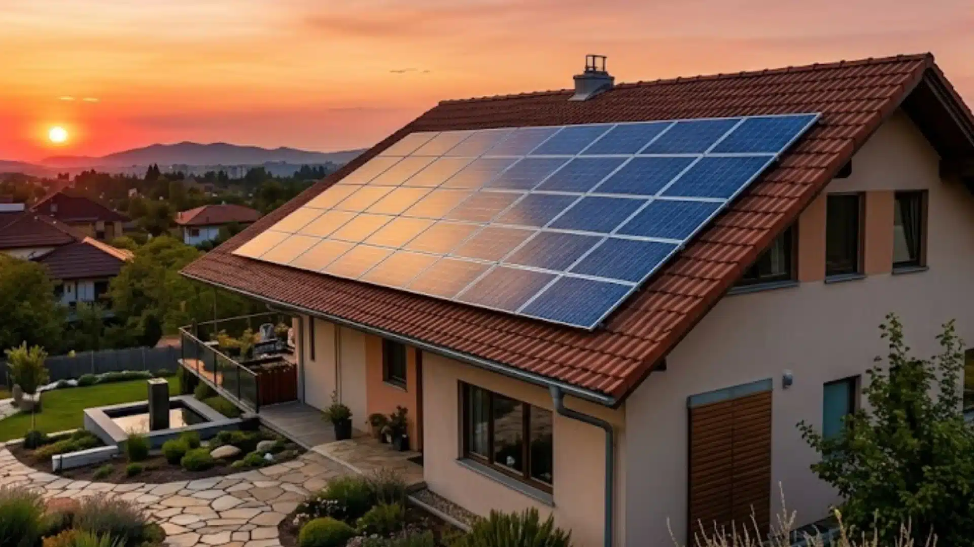 A modern rooftop solar panel system installed on a house roof at sunset in a suburb