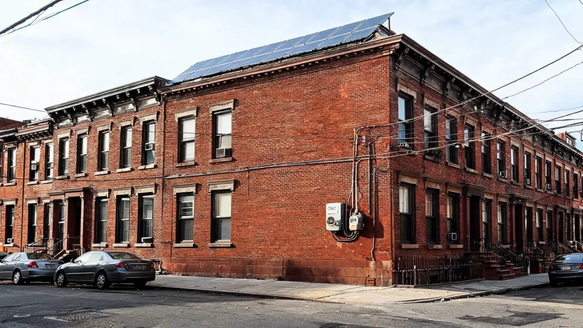 new york city brick homes with rooftop solar panels and a utility meter on the outside wall