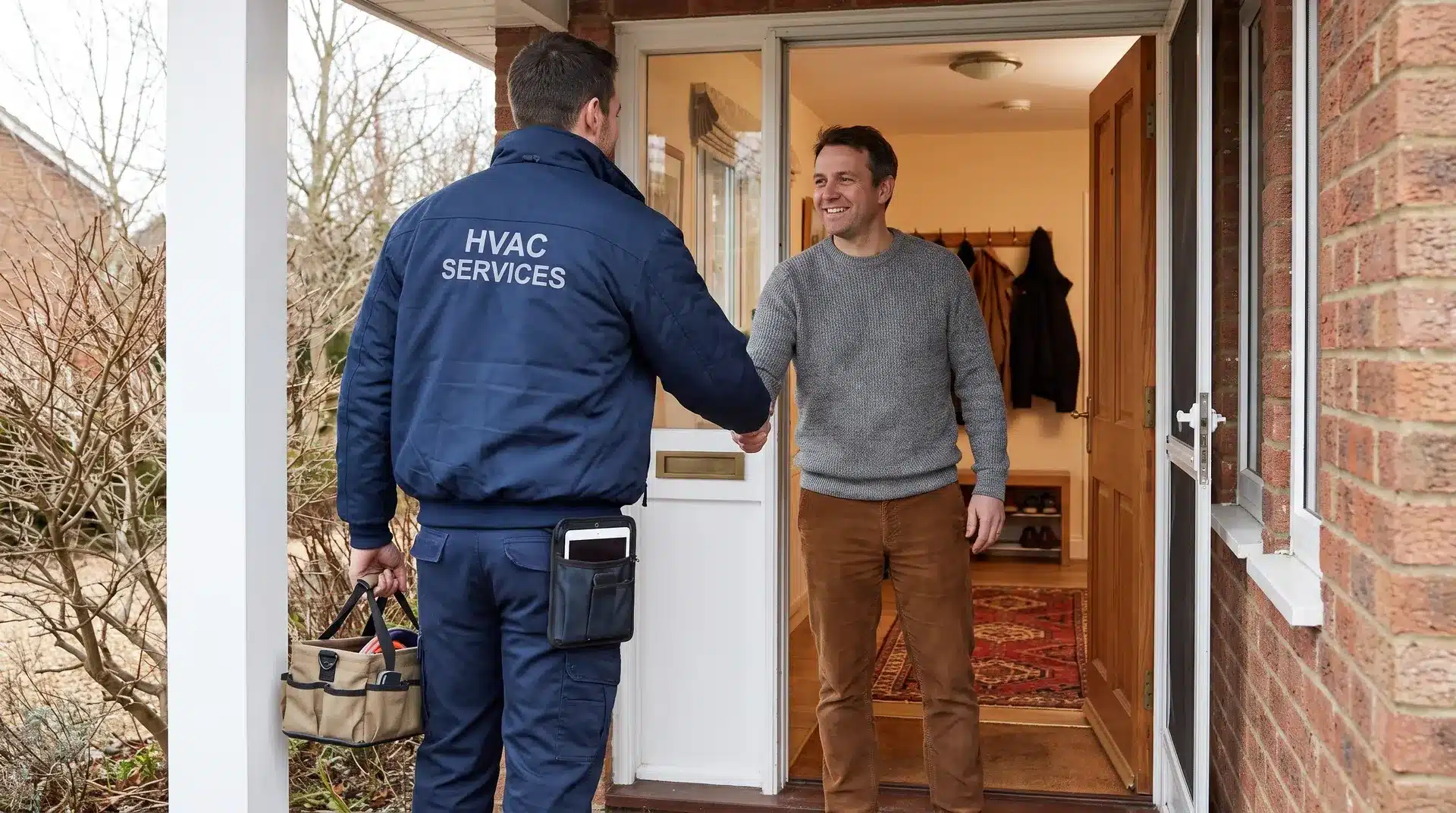 An HVAC technician in a blue jacket shakes hands with a smiling homeowner at a front door.