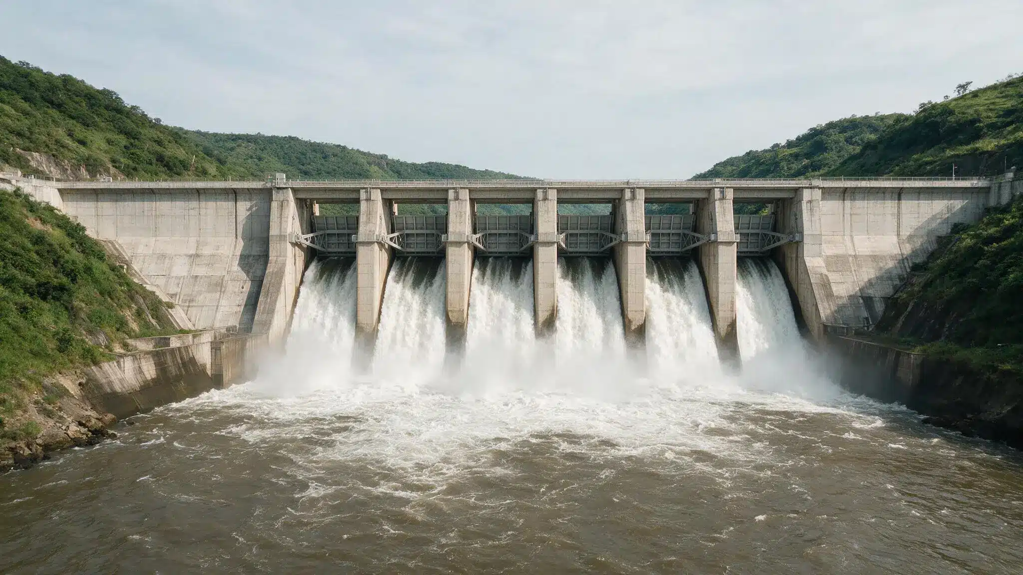 Large hydroelectric dam releasing rushing water through spillways between green mountains