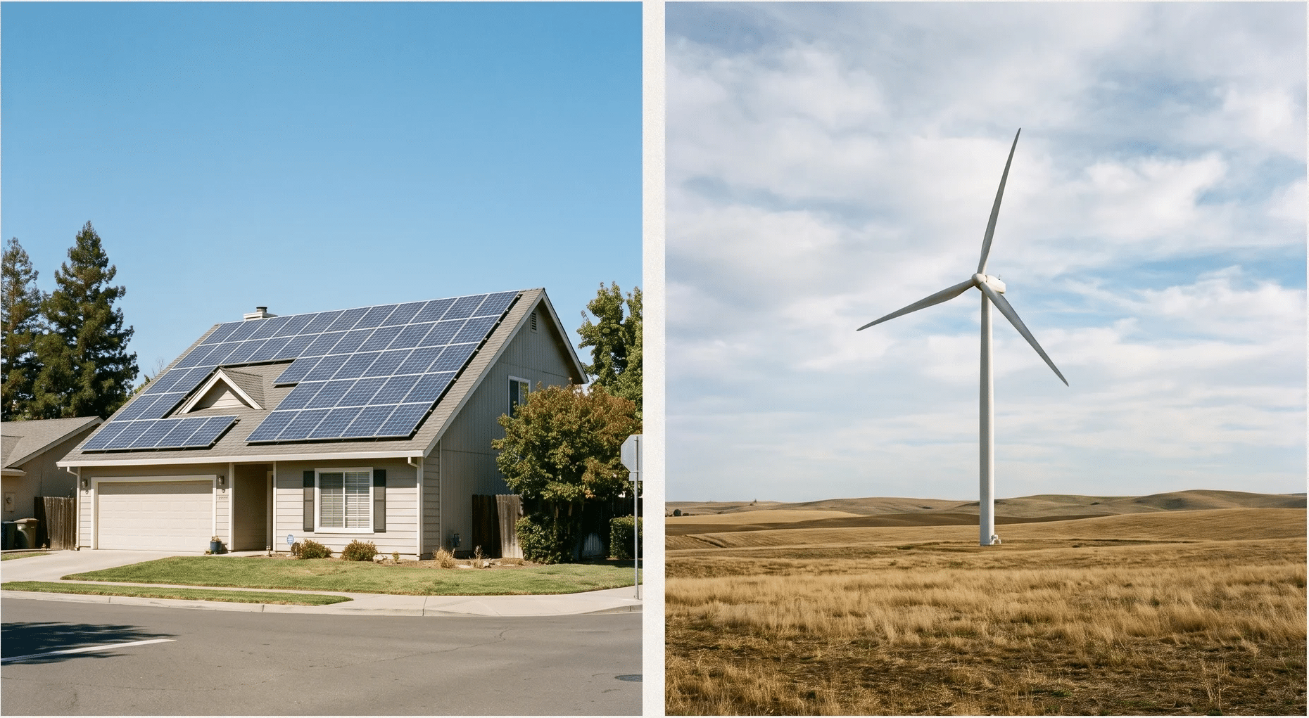 A house with solar panels on the roof next to a large wind turbine in a dry, grassy field.