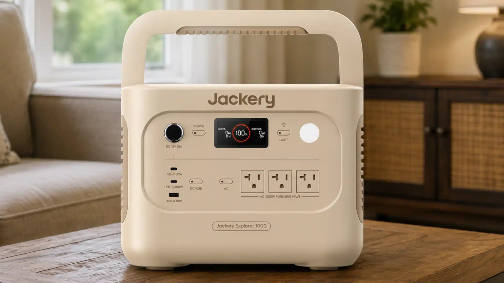 Jackery Explorer 1000 power station displayed on a wooden table in a cozy living room