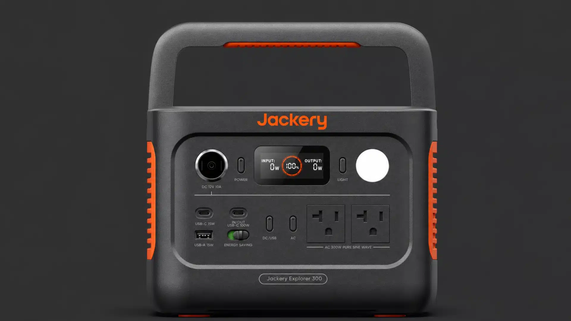 Jackery Explorer 300 portable power station centered on a dark solid studio background