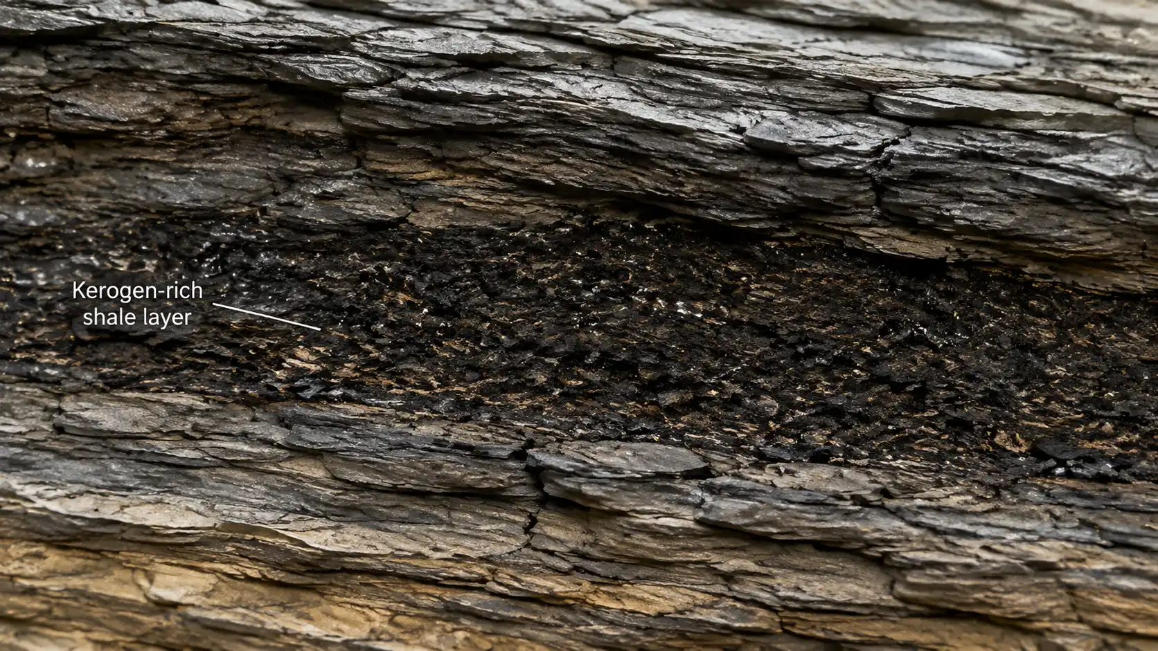 Layered sedimentary rock showing organic material changing into kerogen during petroleum formation