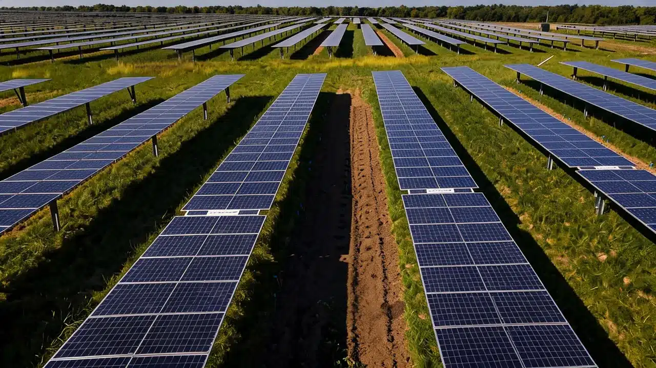Wide solar farm with rows of photovoltaic panels across green fields showing clean renewable energy generation