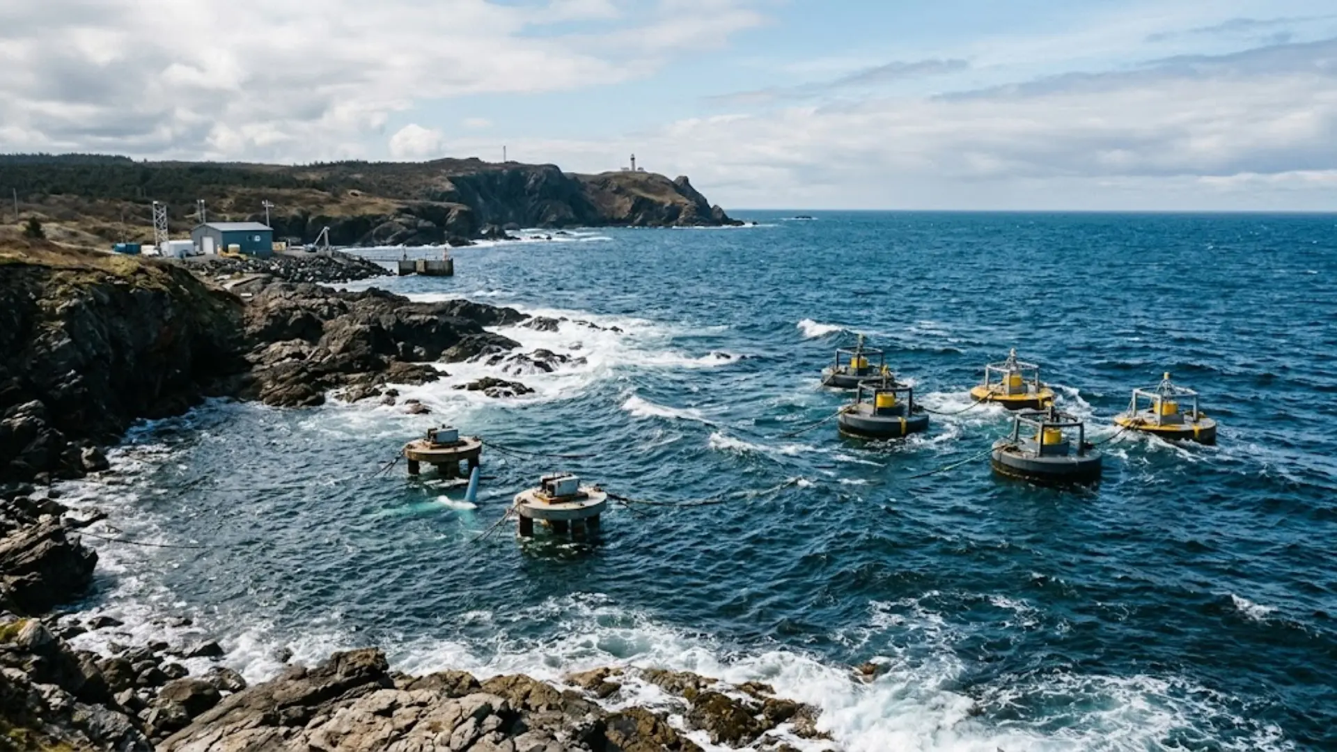 Yellow and grey wave energy buoys floating in ocean waters near a rocky coastline with a lighthouse in the distance