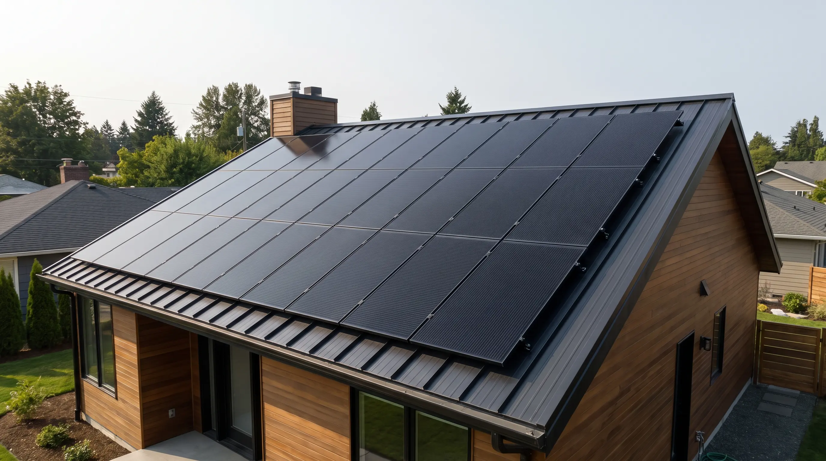 High-efficiency black solar panels arranged across the limited roof space of a compact modern home.