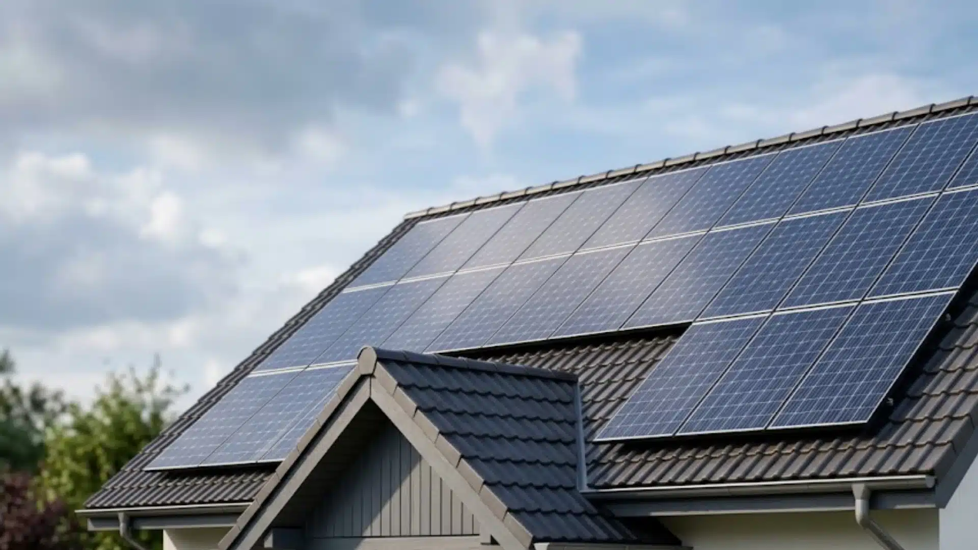 Modern residential house roof equipped with an array of sleek photovoltaic solar panels